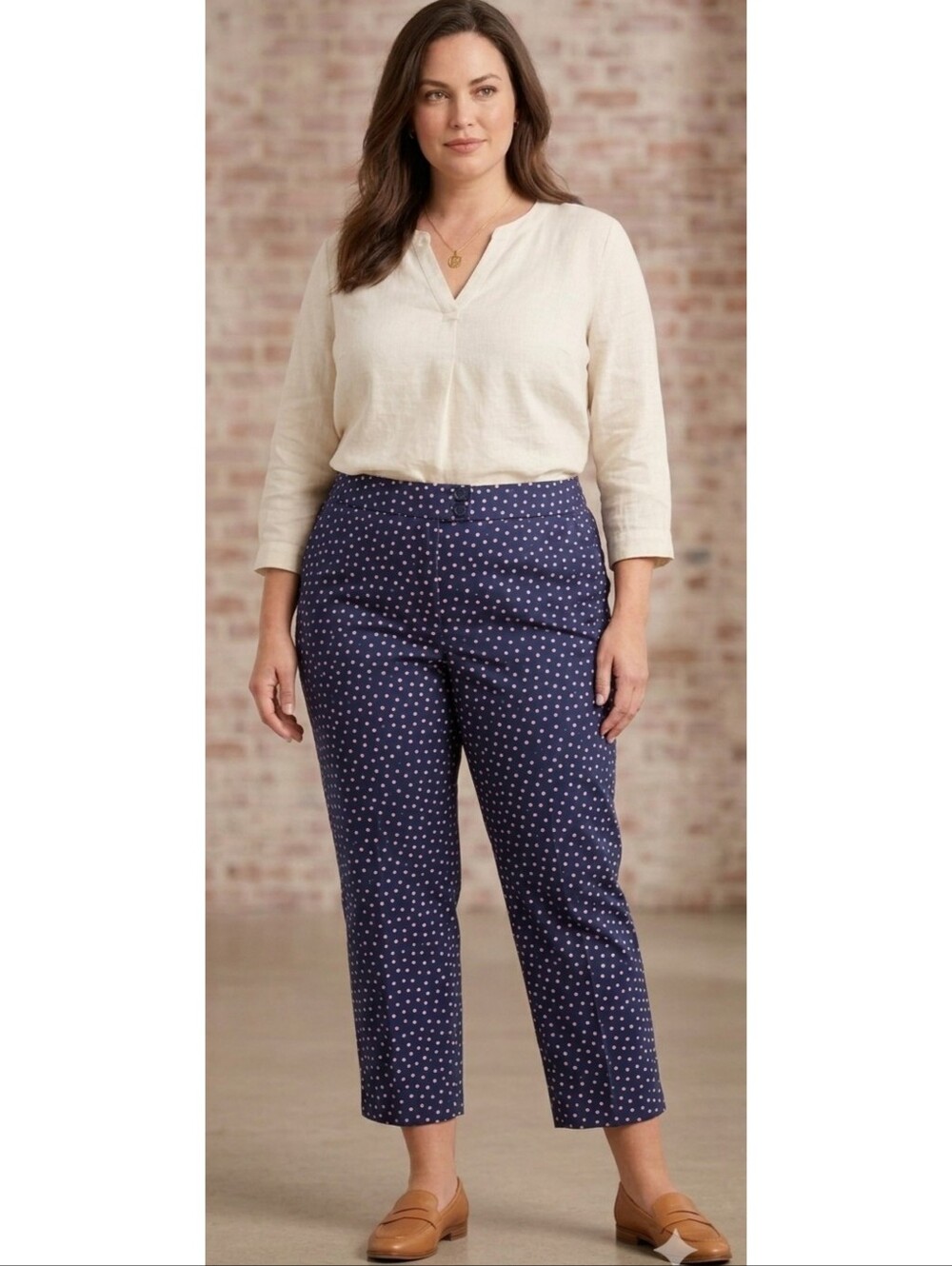Talbots The Perfect Crop Curvy Pants Navy & Pink Polka Dot Size 14